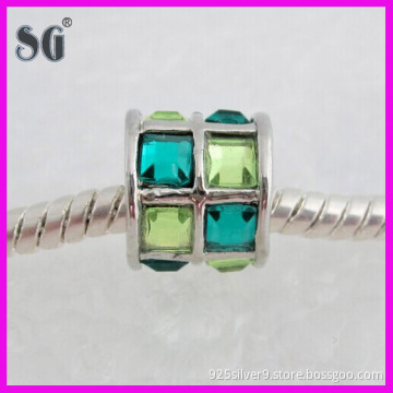 Pretty rhodium-plated barrel charm with spring green/blue zircon crystals_Solid 925 beads for european bracelets